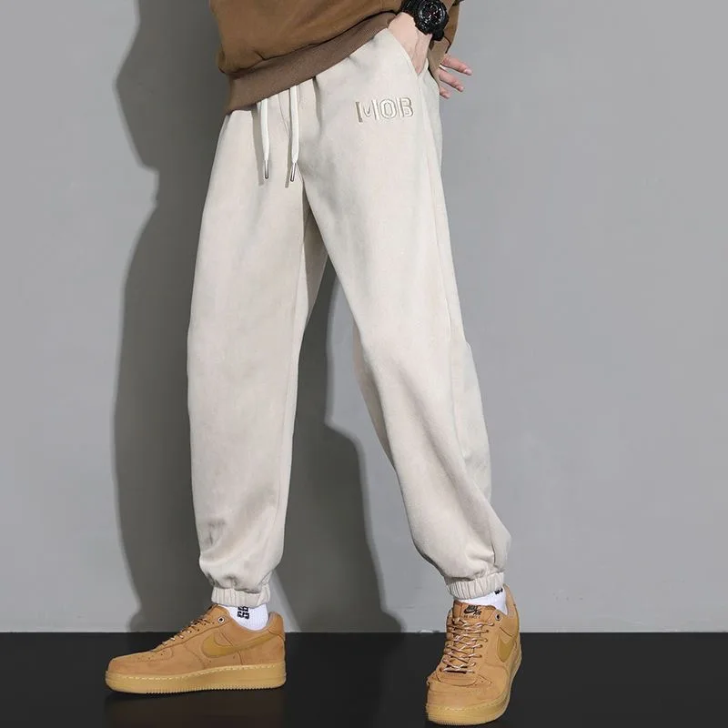 

Осень и весна, новые модные однотонные флисовые спортивные штаны с манжетами из оленьей кожи, мужские повседневные свободные спортивные штаны больших размеров, высокое качество