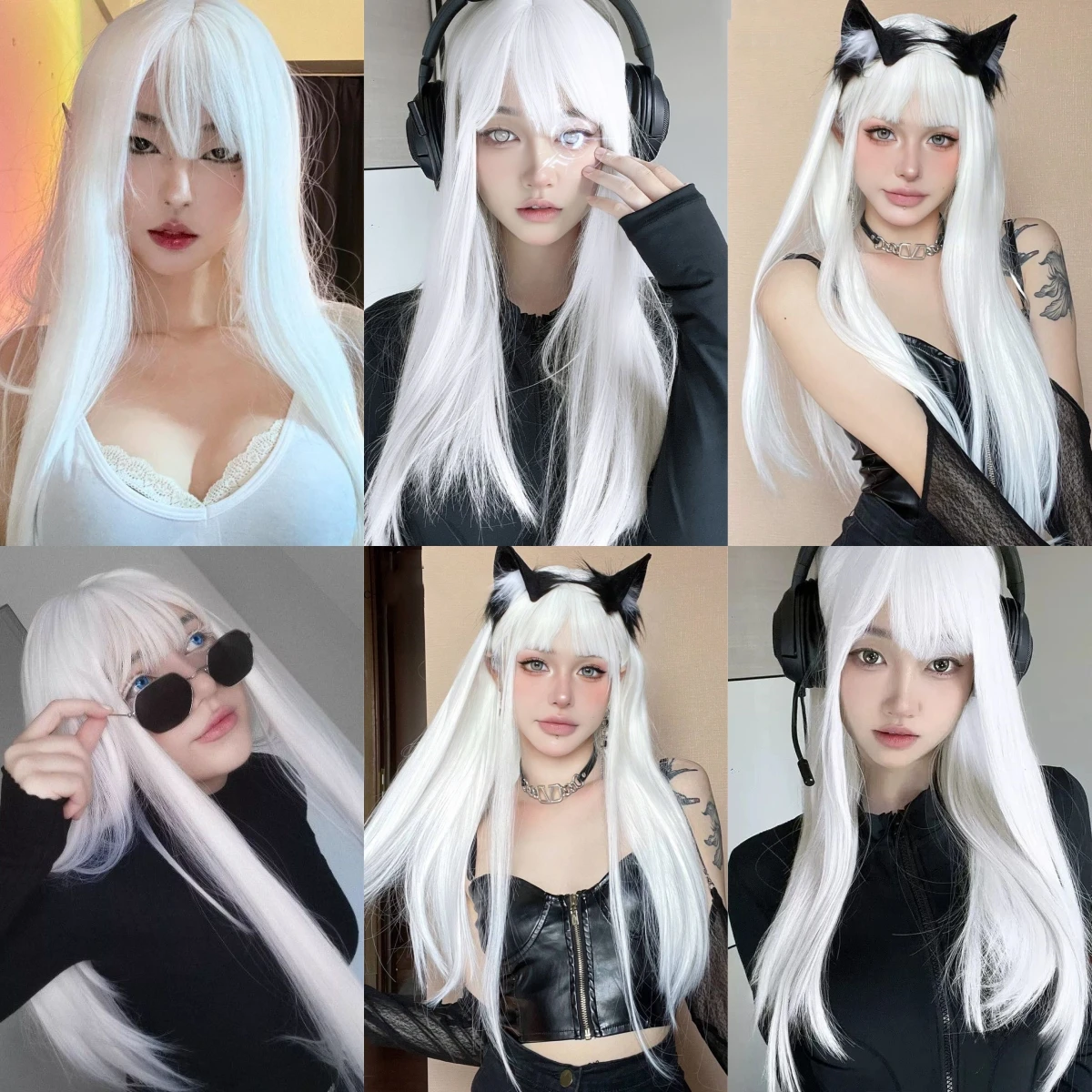 Henry margu branco longo reto perucas sintéticas para mulheres colorido cosplay festa cabelo falso com franja peruca branca de alta temperatura