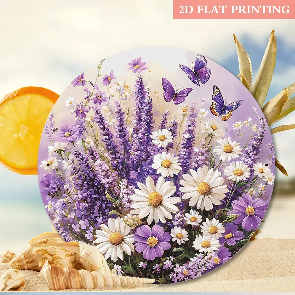 Vintage Purple Flower Butterfly Metal Wall Art 7.87in Round Aluminum Sign Lavender Rose Daisy Garden Home Room Decor