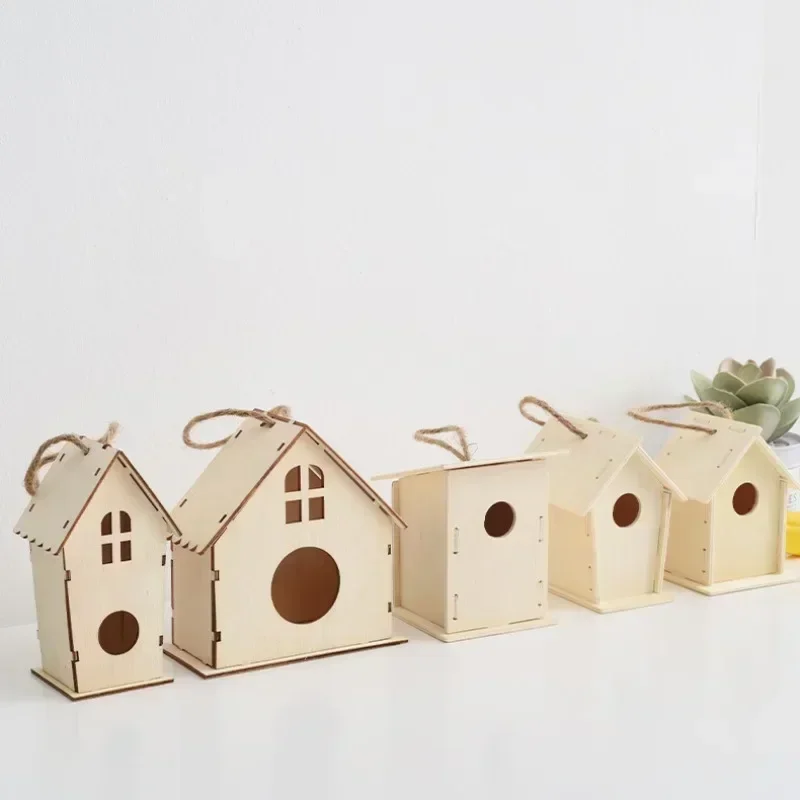 DIY Bird Wood House with Lanyard Outdoor Handmade Accessory Pet Supplies Hanging Birdhouse for Outside Balcony Bird House