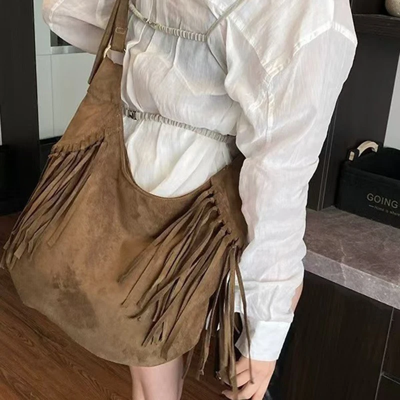 

Female Shopping Bag Women Large Capacity Frosted Tassel Shoulder Bag Faux Suede Fringe Underarm Bag Travel Tote Handbag