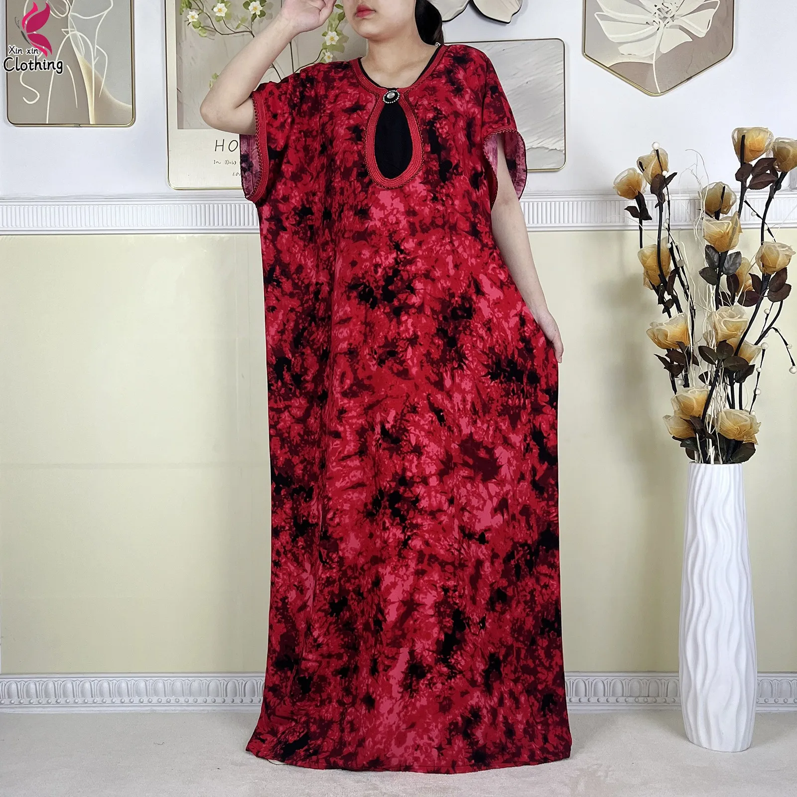 Nouveau Abayas musulmanes mode femmes robe en coton été à manches courtes cravate-teint imprimé africain caftan ample Femme Abaya avec écharpe