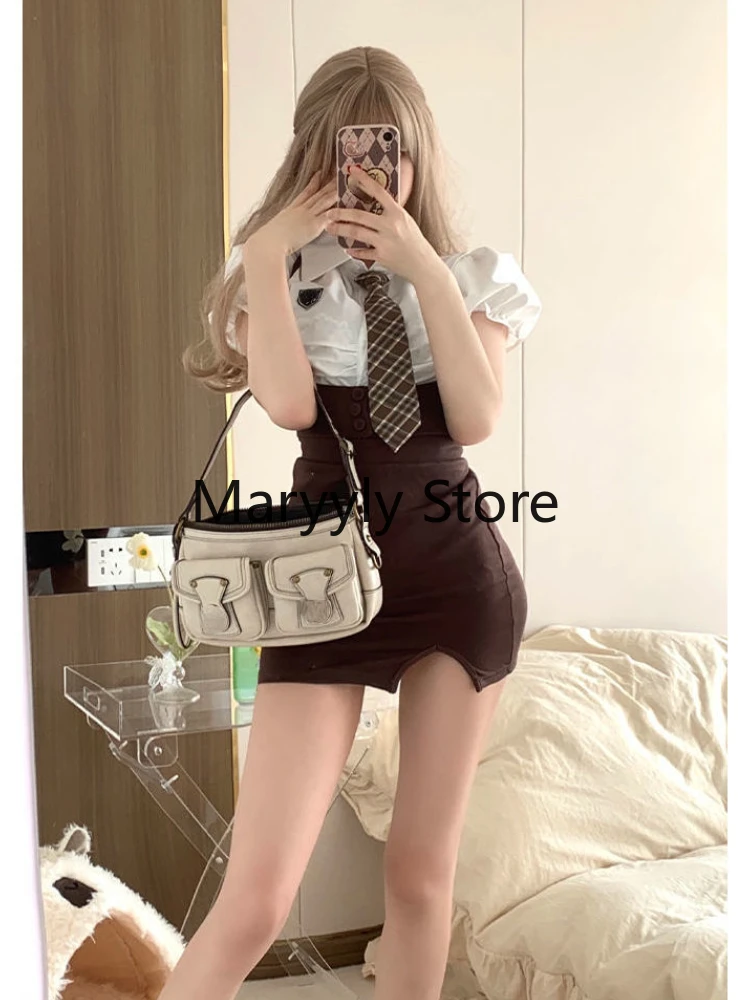 2023 Summer White Puff Sleeve Blouse + Pure Color Mini Skirts Women Elegant Retro Y2k Party Suits Style Korean Fashion Oufits