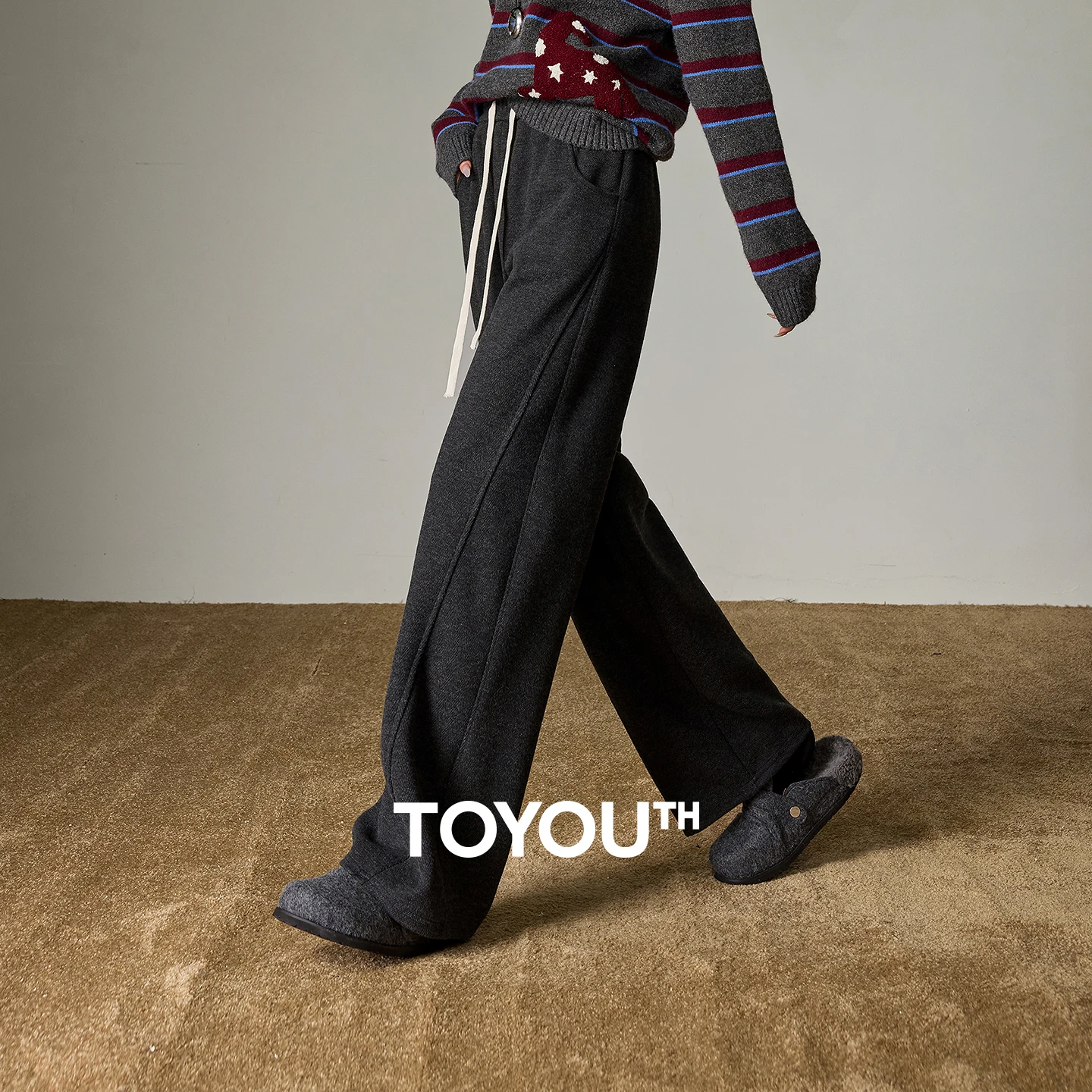 TOYOUTH Women Split Design Casual Pants 2026 Spring New Elastic High-Waisted Sporty Loungewear Slouchy Trousers