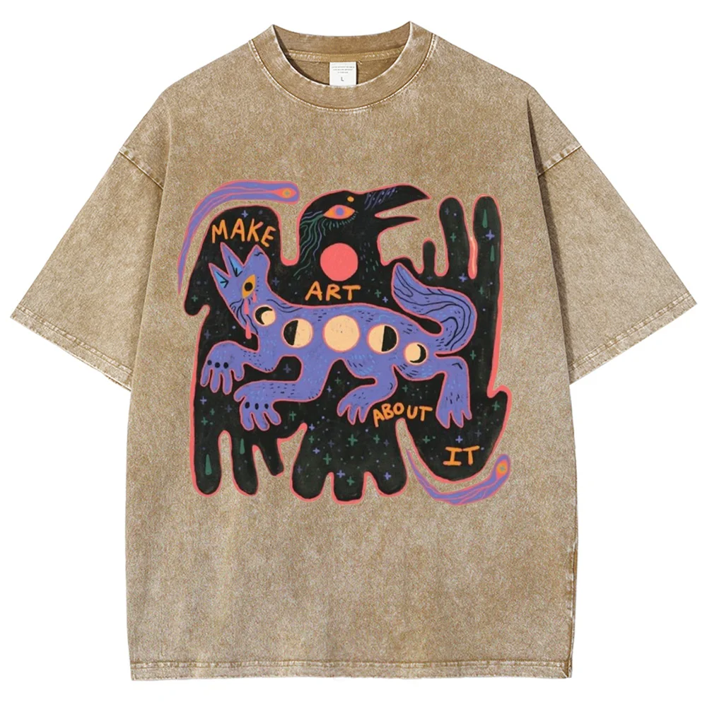 Unisex Vintage Washed Graphic T-Shirt Make Art About It Short Sleeve Loose Casual Streetwear Aesthetic Oversized Tee Tops