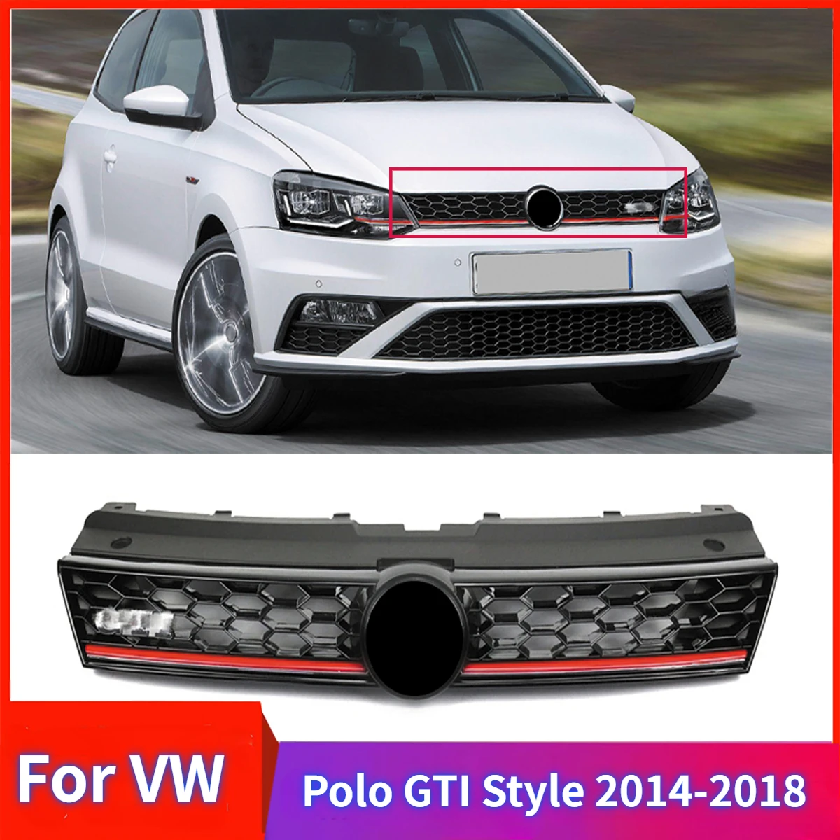 

Передний бампер автомобиля для Volkswagen Polo GTI Style 2014-2018, решетка радиатора, сетка с Сотами, гоночные решетки, защитный комплект крышек