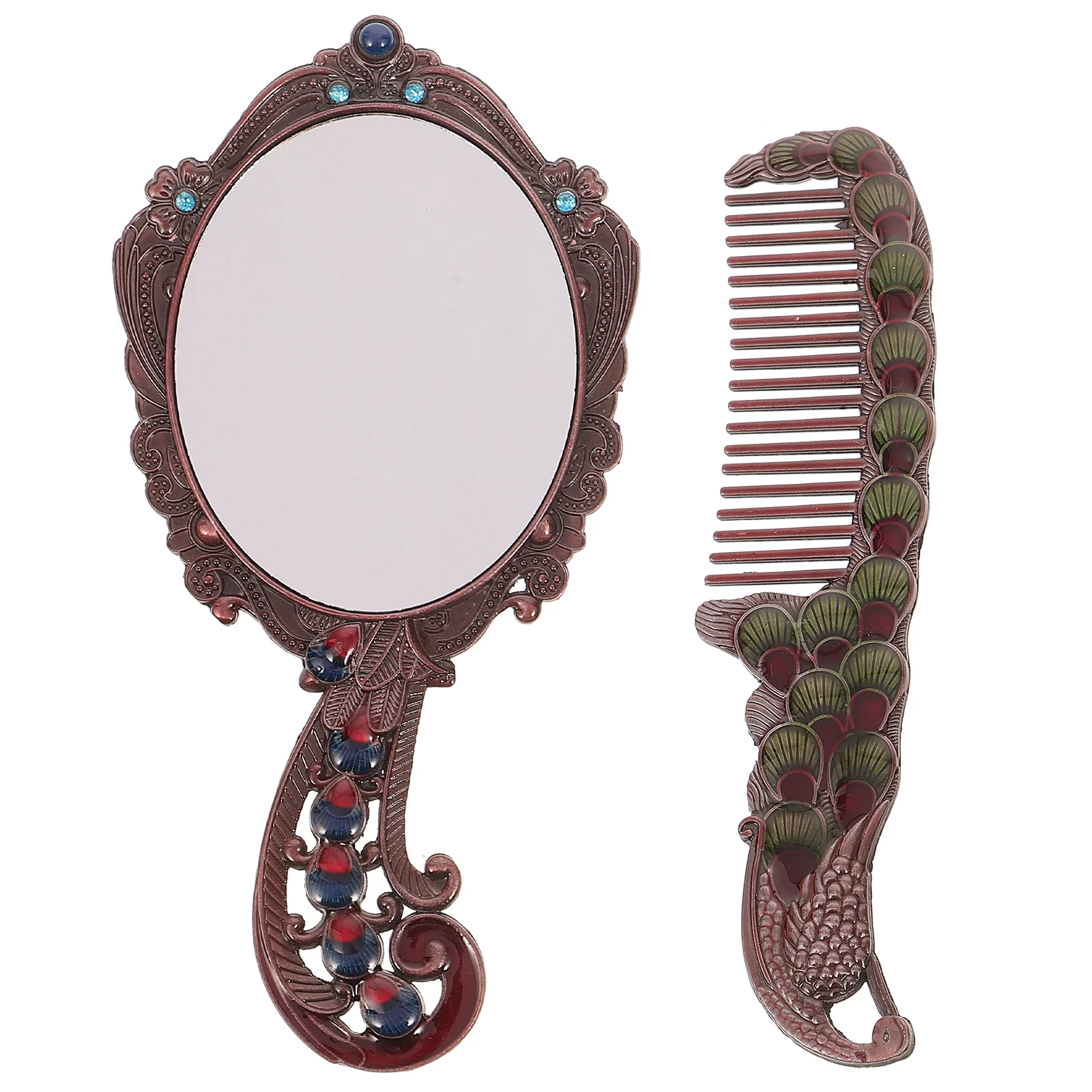 1Set Make-upspiegelset Vintage Handspiegel met Kam Draagbaar Kappersgereedschap voor Reizen School Gym Portemonnee