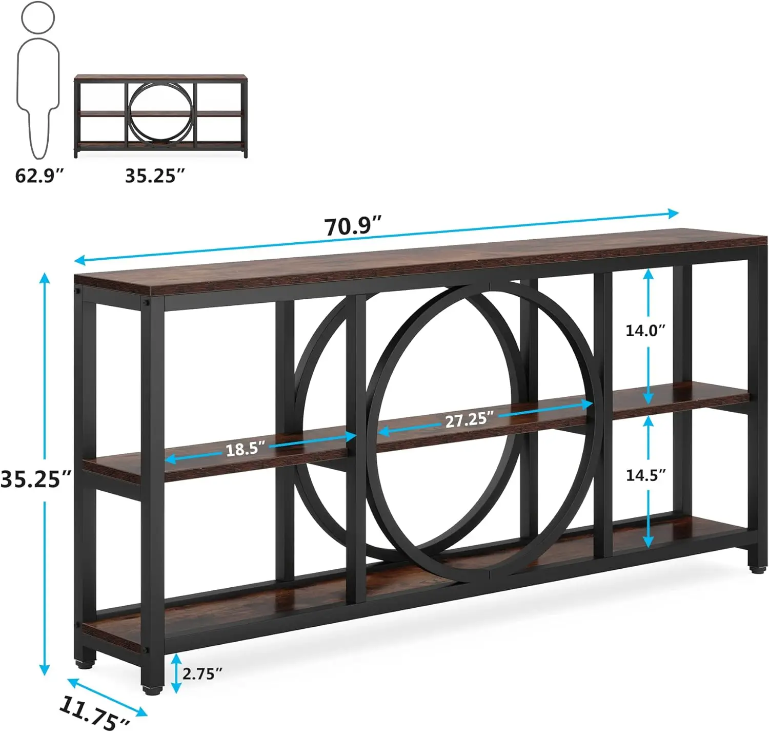 Tribesigns Extra Long Console Table, 70.9 Inch Narrow Sofa Tables With 3 Tier Wood Storage Shelves Industrial Metal Frame For