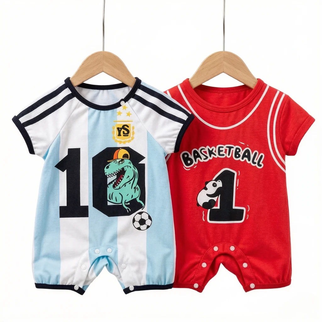 2Pcs Cartoon Panda Baby Basketball Rompers Red & Blue, breathable short sleeve sports jumpsuits for baby boys summer wear