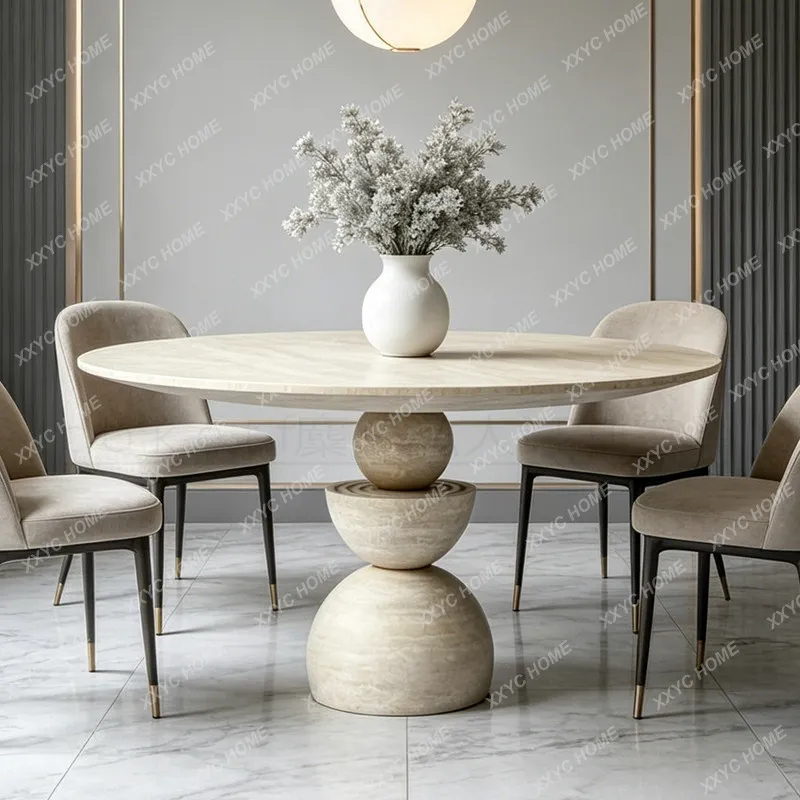 Minimalist natural travertine round dining table household small apartment high-end marble round table