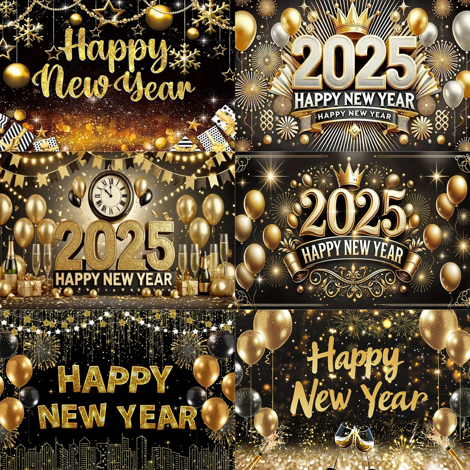 Happy 2025 New Year Theme Photography Background Celebration Banners Fireworks Balloons Wine Glasses Party Decoration Prop Gift