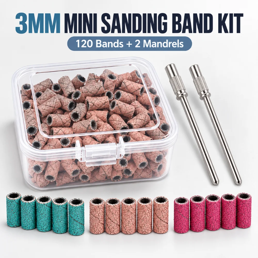 Sanding Bands 120/180/240 Grit 120Pcs 3mm Mini  With 2 Mandrels For Nail Drill Bits Gel Polish Removal Manicure Tool Set