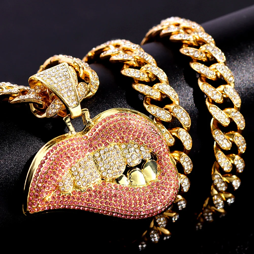 Hip Hop Bite Lip Shape Pendant Necklace for Men Women Iced Out Bling Crystal Cuban Link Tennis Chain Necklaces Fashion Jewelry