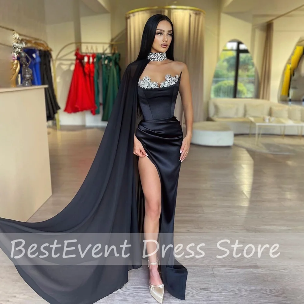 

Stunning Sweetheart Collar Crystal Sheath Sexy Prom Party Dress Side Slit Backless Cape Evening Gown for Women Vestidos de novia