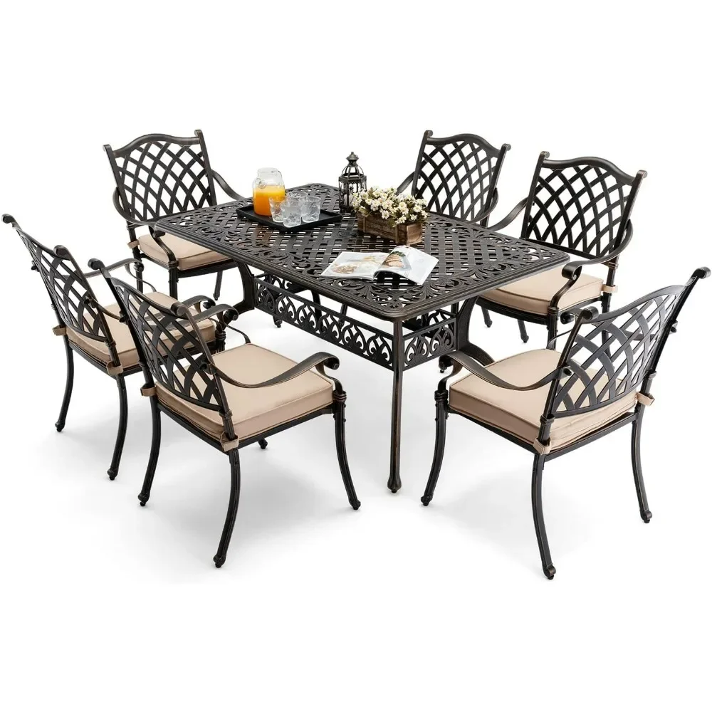 Outdoor Dining Sets ,includes 59” Rectangular Table and 6 Chairs with Thicker Cushion and Umbrella Hole ,patio furniture