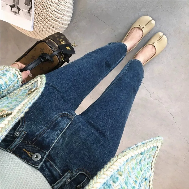 High Waist Straight Leg Blue Jeans Women's Versatile Slim Fit Nine Points Spring Summer Fashion Small Size Narrow Version