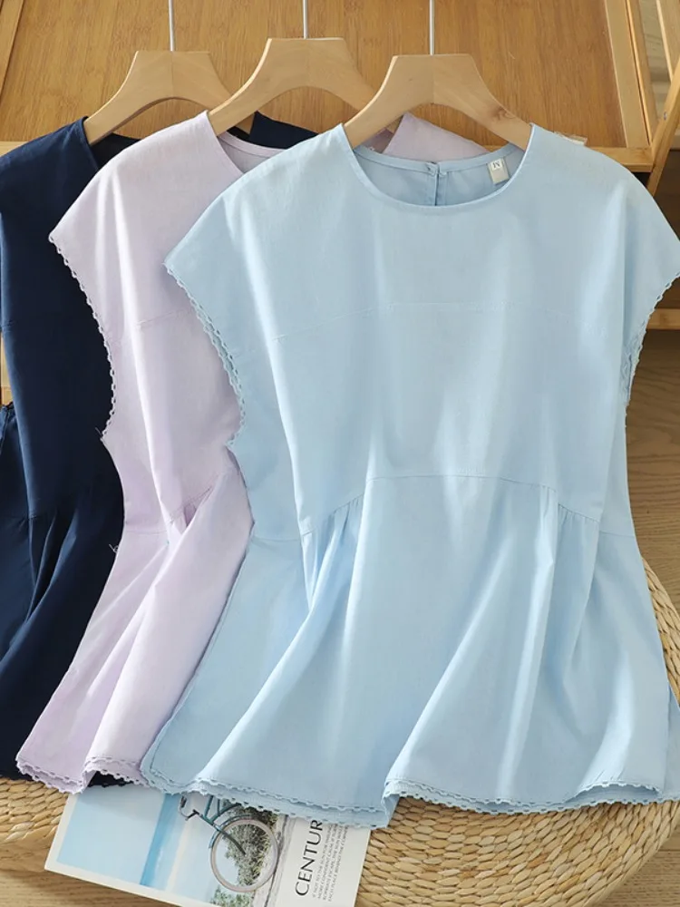 Japanisches Sle Svel rundes Ne Lace Trim Leinenmischung Damen T-Shirt Sommer Fre A-Linie Midi irt Lässig Bequem