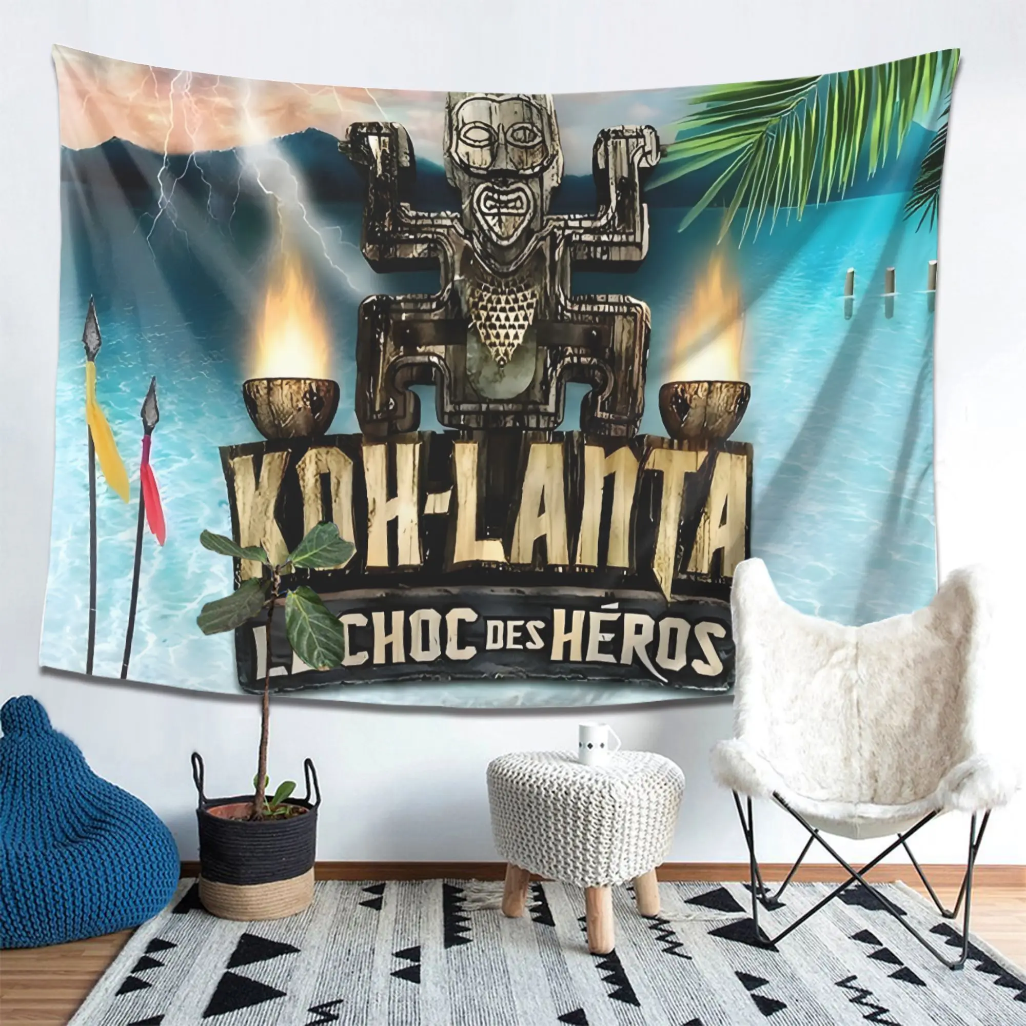 VIKAMA Tiki Totem Tapestry Tropical Island Background Cloth Retro Tribe Statue with Ocean Lightning Room Decoration