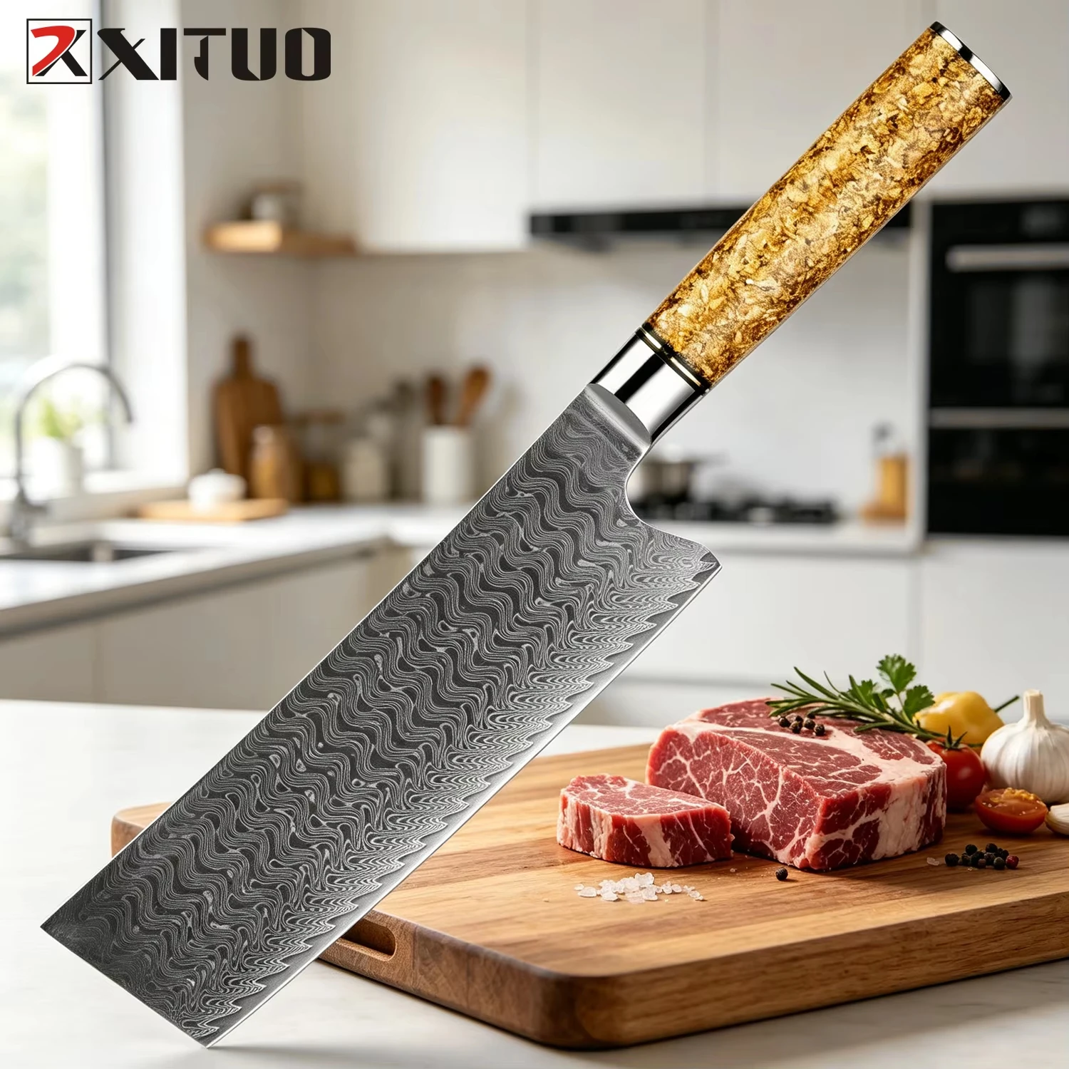 XITUO Nakiri-Messer 67 Lagen VG10 Damaszener Stahl Japanisches Gemüsemesser Scharfes Küchenhackmesser mit Ergonomischem Griff