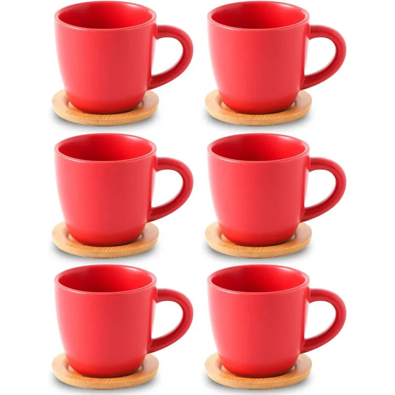 8 oz Tea Cups and Saucers Set of 6, Ceramic Coffee Cups Latte Cappuccino Cups with Handle for Double Shot, Cafe Mocha, Espresso