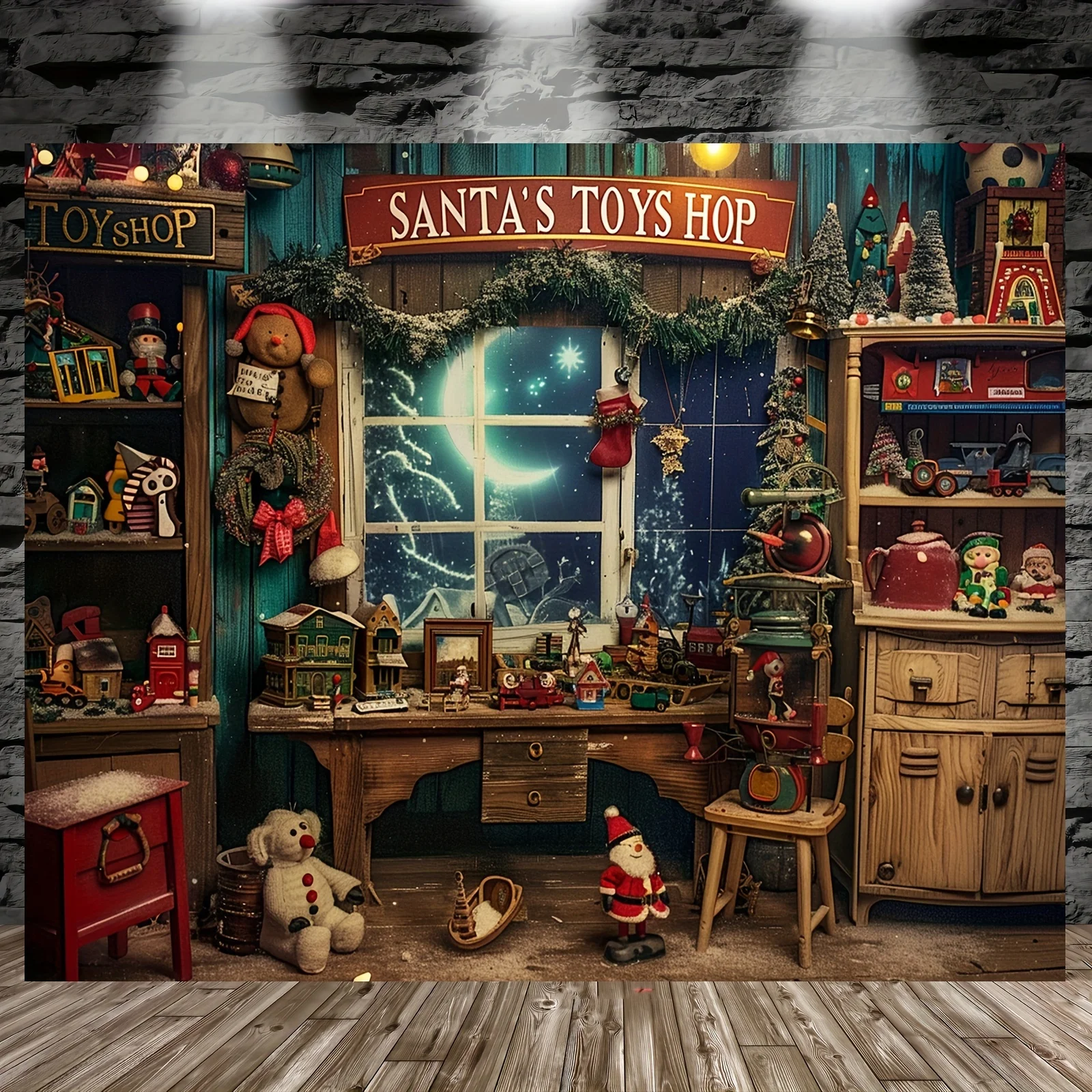 Santa Claus Toy Store Christmas Background Cloth - Snow and Moon Patterns, Suitable for Family Portraits and Party Decoration
