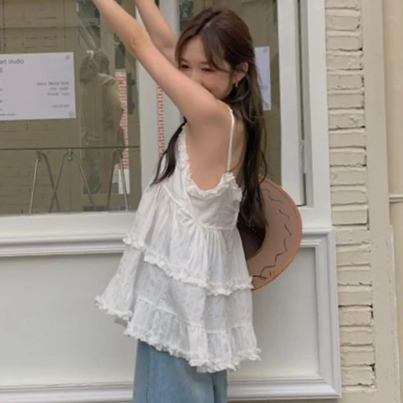Camis Women Summer Solid Edible Tree Fungus Design V-neck Sweet Lovely Aesthetic Hot Girls Students All-match Korean Style Tops