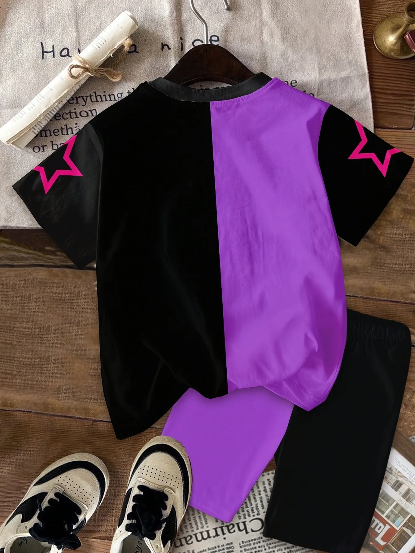 Soft Breathable Kids Girls Two Piece Co-ord Set Split Color Star Anime Print Short Sleeve Top & Letter Printed Purple Pants for