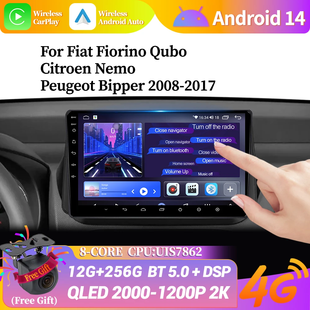 

Автомобильный радиоприемник Android 14, мультимедиа для Fiat Fiorino Qubo Citroen Nemo Peugeot Bipper 2008-2017, беспроводной стерео с сенсорным экраном Carplay