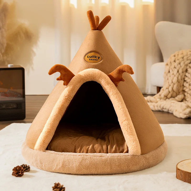 Cat House Semi-Closed Pet Bed Washable Pet Supplies Kitten Bed Dog House Cat Kennel Warm Puppy House Cat Tent Cat Beds