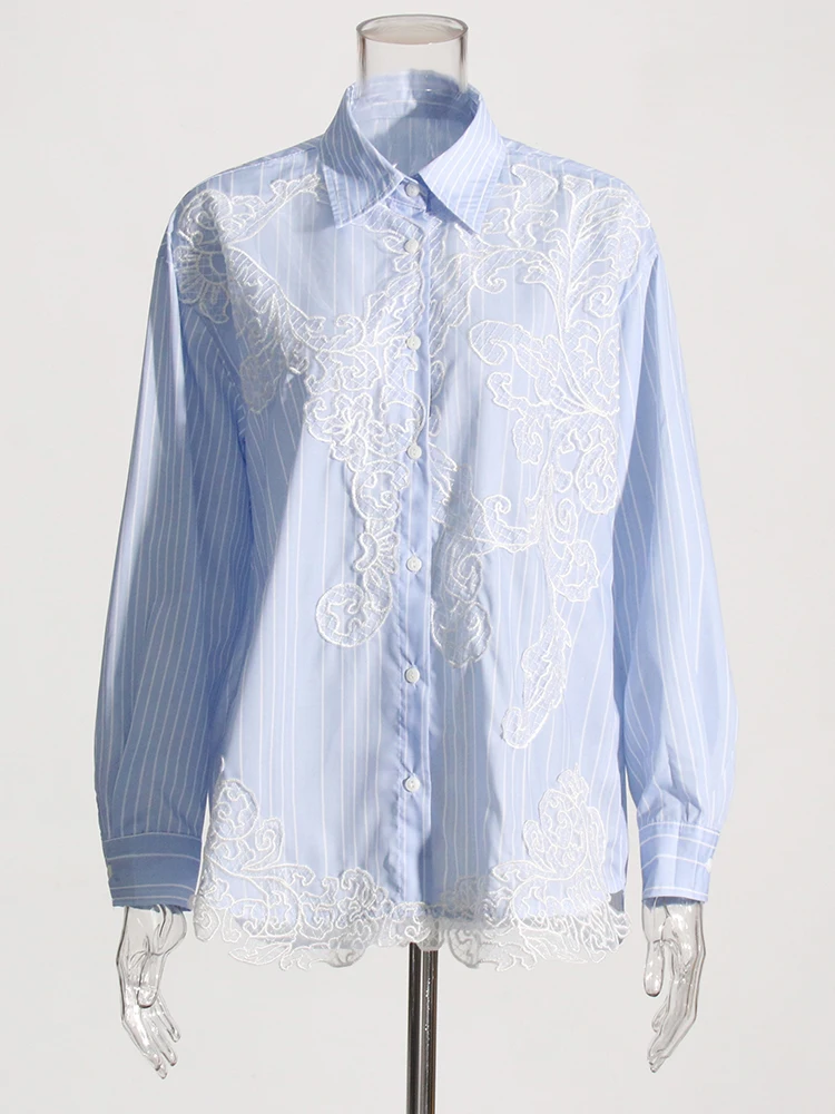 ROMISS-Blusa de encaje de retazos para mujer, elegante camisa de manga larga con solapa, de un solo pecho, informal, a rayas, con bloques de colores, nueva