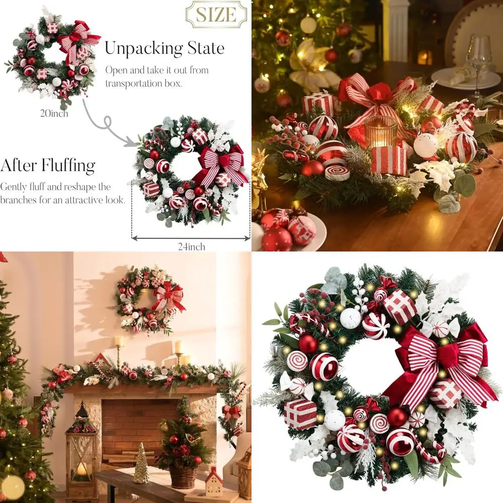 

24 Inch Pre-Lit Christmas Wreath with Red & White Ornaments and Bow for Outdoor Holiday Decor