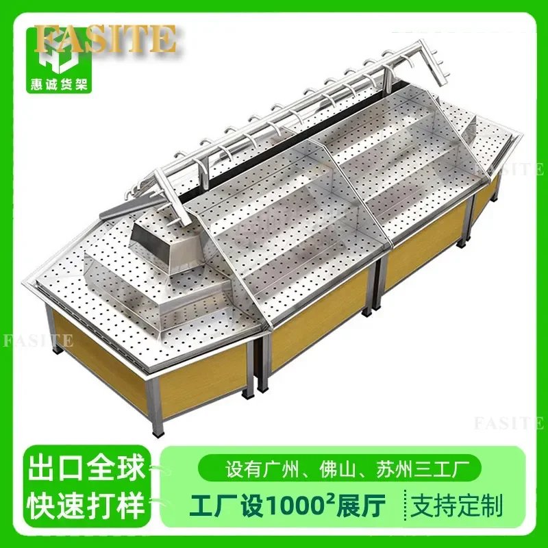 For Supermarket Stainless Steel Stepped Vegetable Shelf Fresh Fruit Display Rack with Spray System Durable Commercial Storage