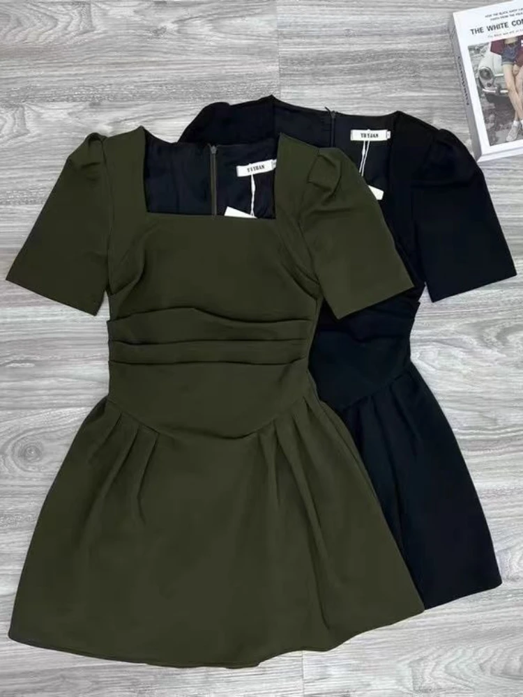 Mini Dress for Women Folds Solid Puff Sleeve Summer Design Tender Daily Korean Style Slim Fit Popular Fashion Vestido Feminino
