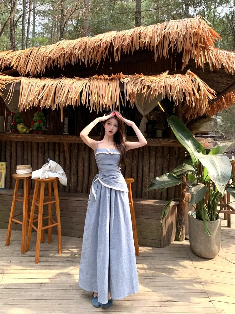 

Lace Patchwork Striped Strap Dress Women's Summer Hot Girl Vacation-style Slim A-line Long Dress Fashion Female Clothes