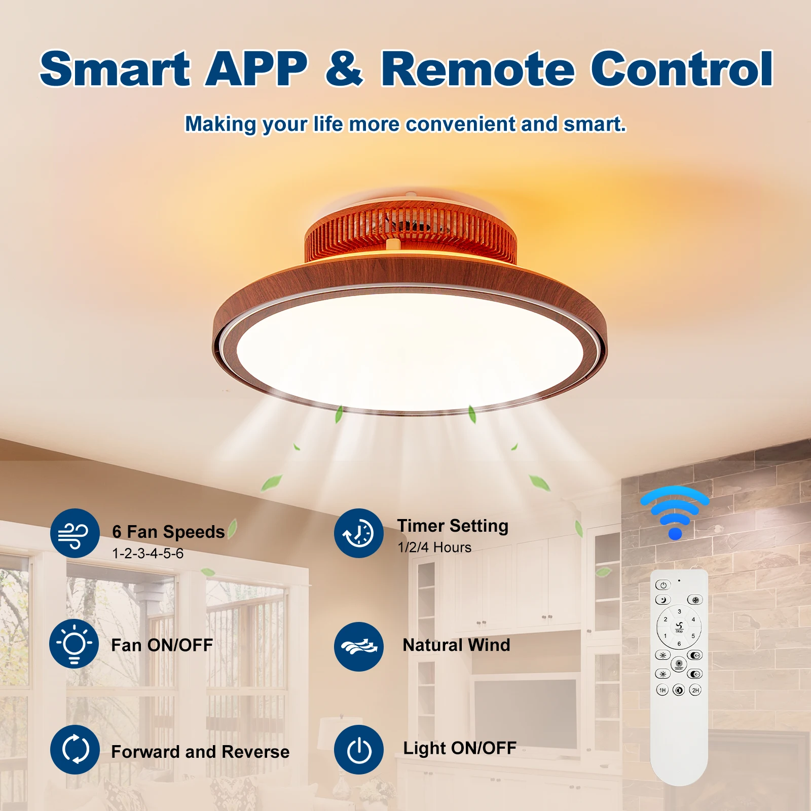 Farmhouse 18" Embedded Ceiling Fan with Light and Remote Control Wood Grain Enclosed Dimmable LED Chanelier Fan for Bedroom