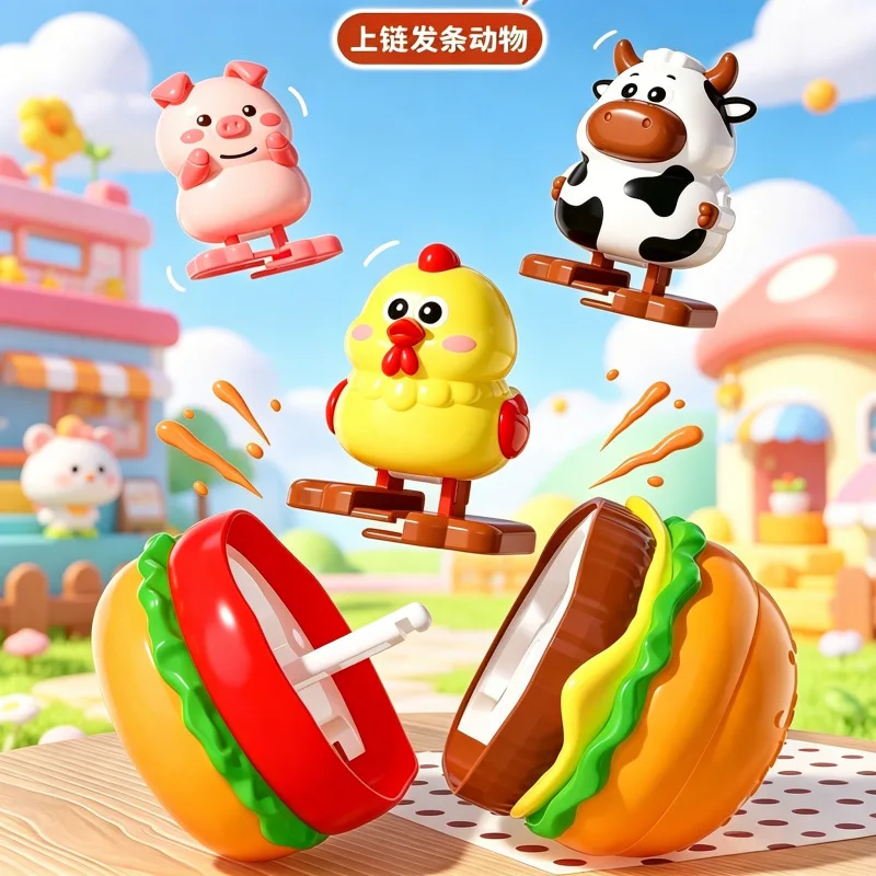 Toddler Educational Clockwork Animal Walking Toys, Portable Burger Storage Case Cute Pig Chicken Cow Wind Up Play Toy Kids Gift