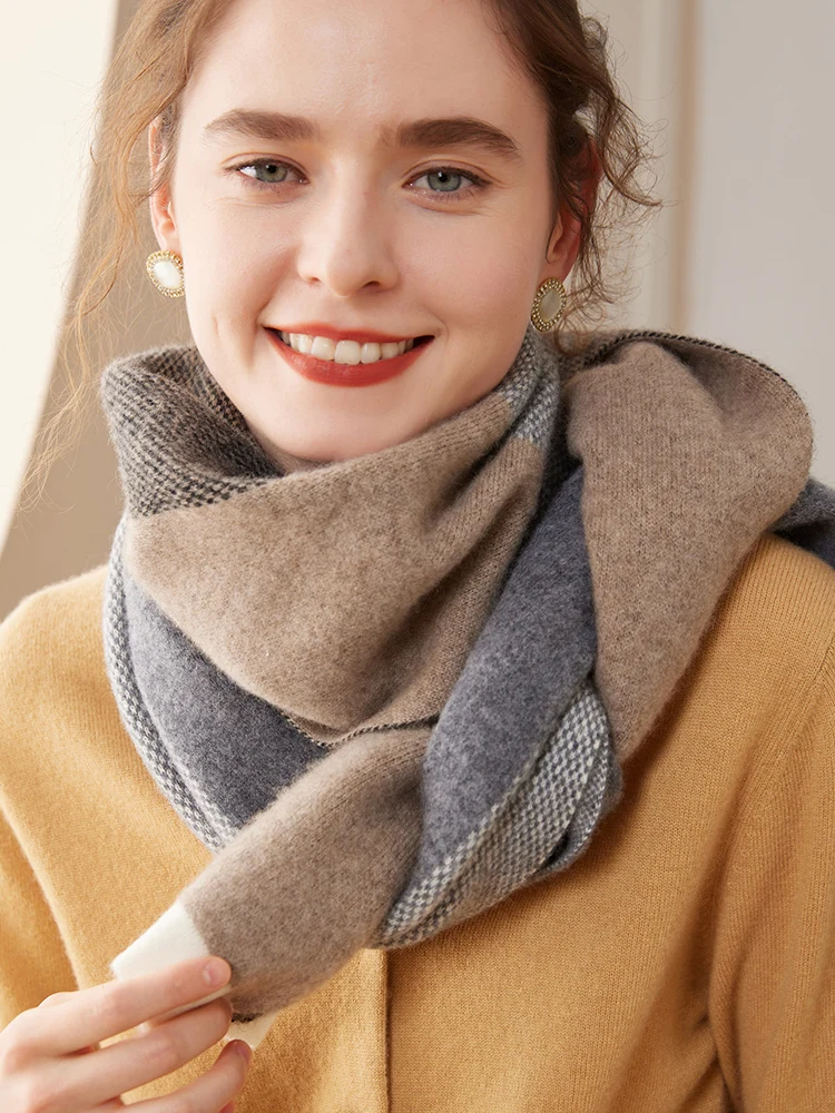 TLOML Women's 100% Cashmere Scarf Jacquard Thicken Color Blocking Autumn Winter Soft Cashmere Knitted Scarf Shawl Fashion Tops