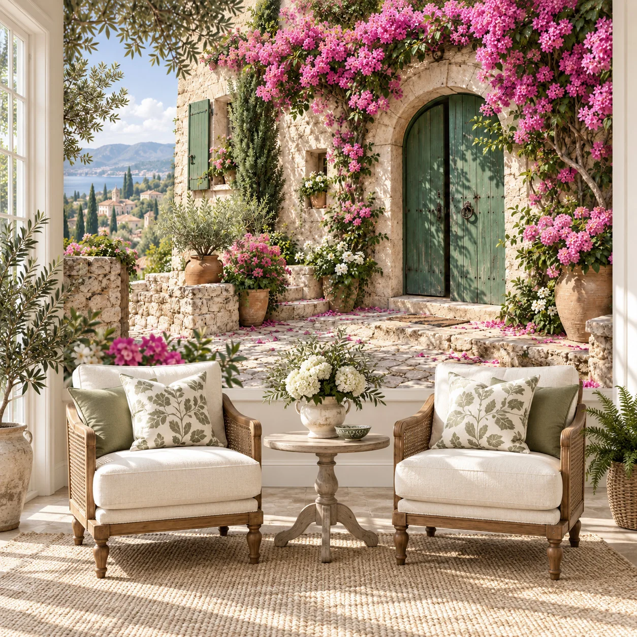Mediterranean Flower Wallpaper Mural Bougainvillea Stone Home Garden Wall Art Living Room Non Self Adhesive Scenic Wall Decor