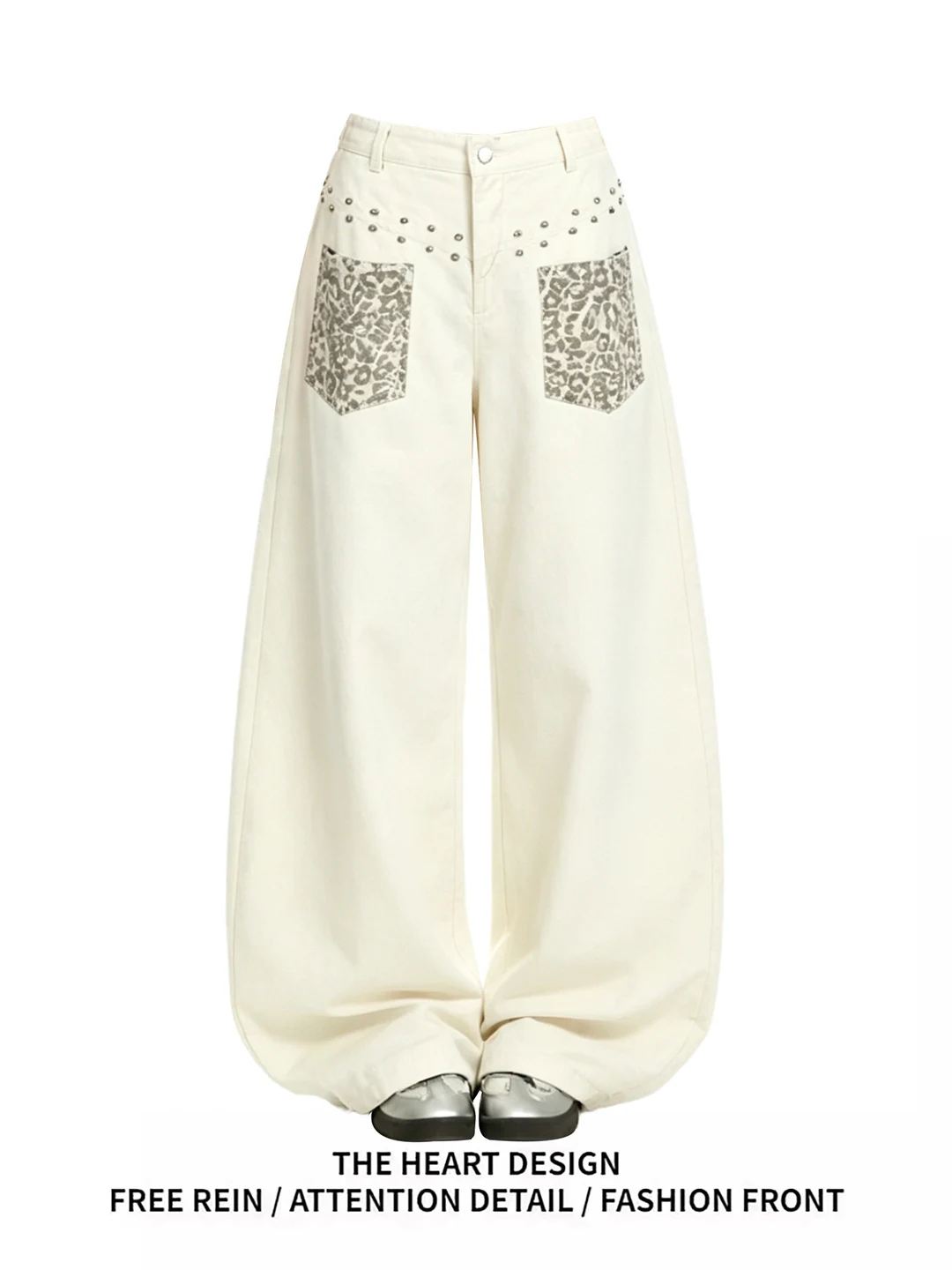 

Retro American Y2K Pocket Leopard Print Rivet Wide Leg Pants Summer New Loose Splicing Long Knife Pants Women's Jeans