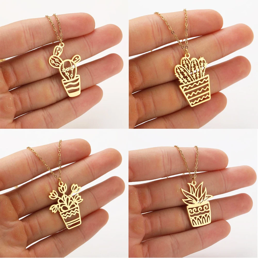 Potted Cactus Flower Plant Leaf Charm Necklace For Girls Designer Gold Stainless Steel Chain Necklace Choker Jewelry Women 2023