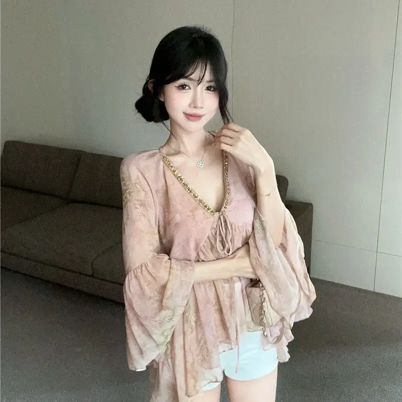 여성을위한 부드러운 v 넥 꽃 쉬폰 블라우스 여름 분위기 한국 스타일 고귀한 빈티지 콜드 페어리 탑