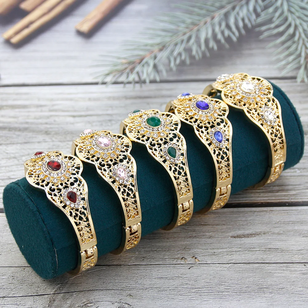 Sunspicems Morocco Women Bracelet Gold Color Crystal Hollow Bangle Arabic Algeria Bride Wedding Jewelry Flower Cuff Bracelet