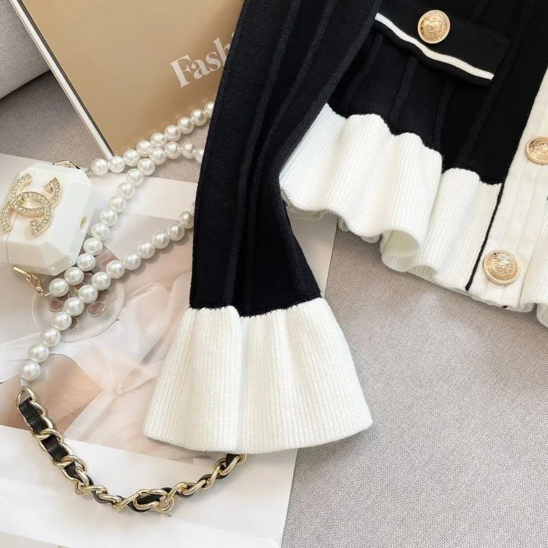 Women Sweater O Neck Korean Fashion Style Flare Sleeve Ruffle Knit Cardigan Tunic Neck Autumn Winter Sweet Knit Jacket