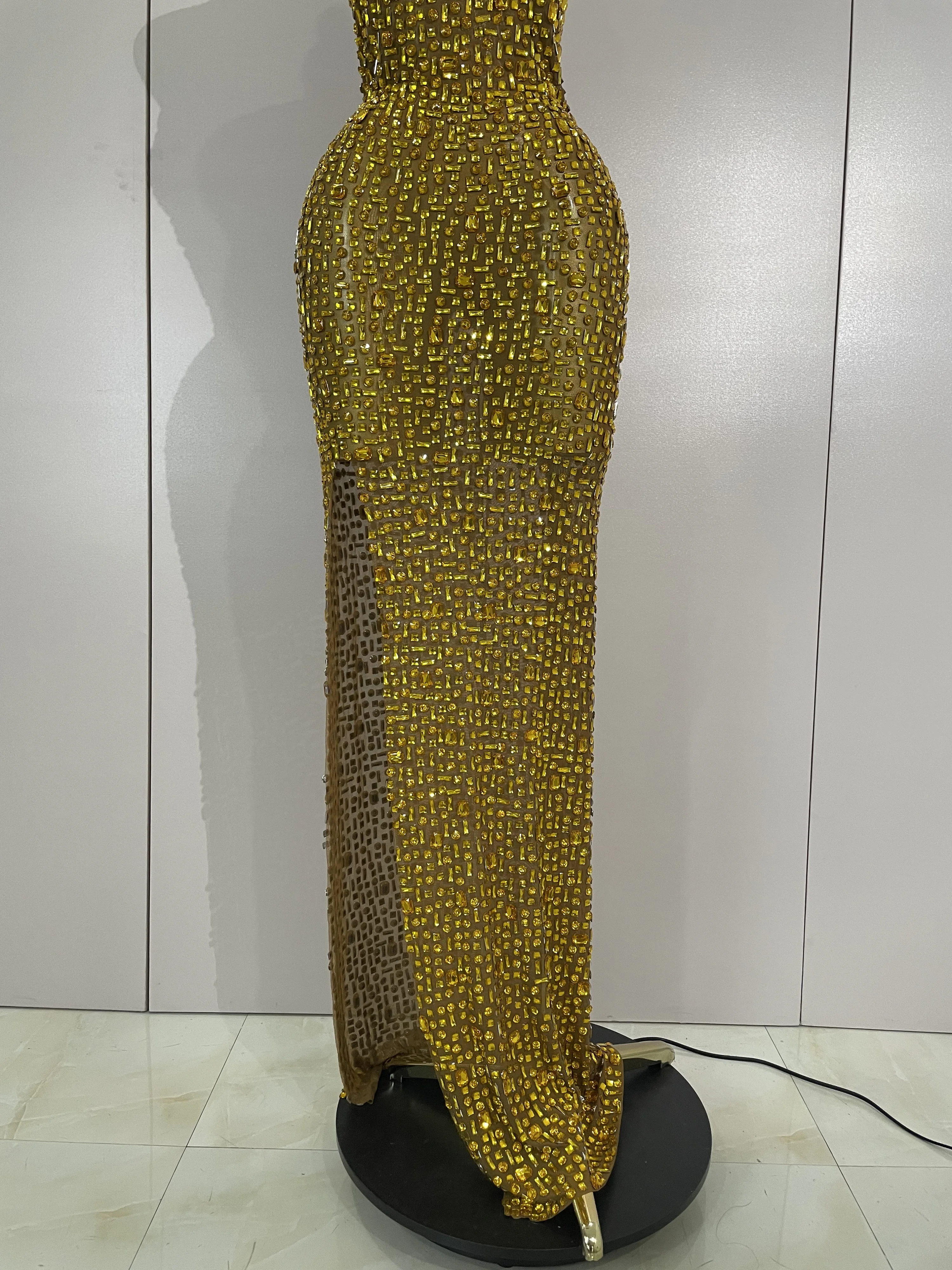 Sexy Sparkle Diamonds Mesh See Through Maxi Dress Evening Party Luxury Birthday Wedding Guest Gown NightClub Bar Stage Costumes