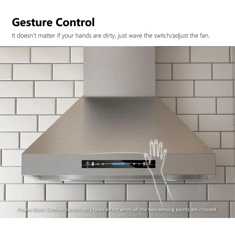 36-inch Wall Mount Range Hood, Kitchen Chimney Vent Stainless Steel with Gesture Sensing & Touch Control Switch Panel