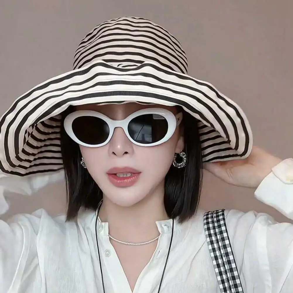 Foldable Striped Wide Brim Sun Hat, UPF50+ UV Protection Lig
