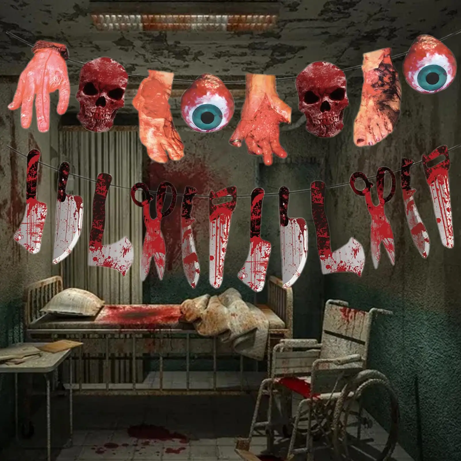 لافتة الهالوين 2025 لافتة دموية مخيفة خلفية قابلة للتعليق لتزيين الهالوين للعطلات الخارجية ومركز التسوق التجاري #1