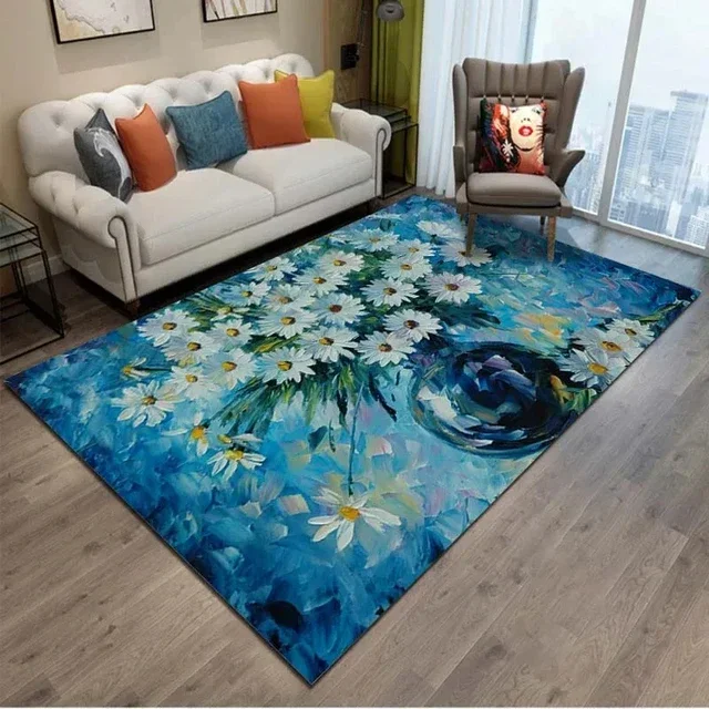 Oil Painting Flower Carpet Rug for Living Room Sofa Rug Bedroom Home Doormat Decor Kids Play Area Rug Non-slip Floor Mat