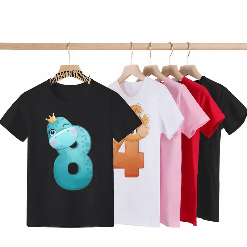 Kawaii Dinosaur Head Birthday Number 1-9th Black Children T-shirt Kid Cute Party Gift Present Clothes Baby Family Group Tops Tee