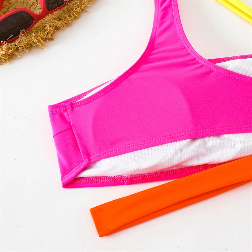 Color Blocked Bikini One Shoulder Bandage Hollow Out Swimsuit Bandeau Swimwears Women 2 Piece Beach Vacation Outfit Bathing Suit